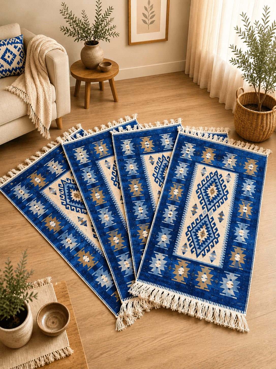 set 4 Covoare traditionale tesute, iuta, cu doua fete, dimensiunea 60x90cm, Albastru, model ROMB