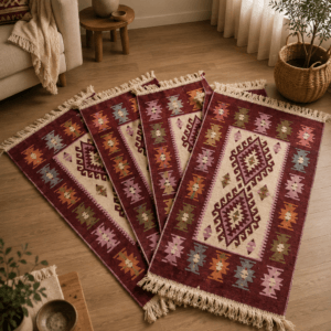 set 4 Covoare traditionale tesute, iuta, cu doua fete, dimensiunea 60x90cm, Rosu, model ROMB