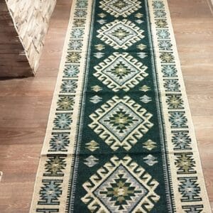 Covor traditional, dimensiunea 100x400cm verde si crem, model ROMB - imagine 2