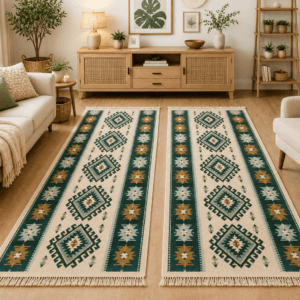 1+1 Covoare traditionale tesute, iuta, cu doua fete, dimensiunea 80x200cm, Verde , model ROMB