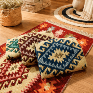 set 4 Covoare traditionale tesute, iuta, cu doua fete, dimensiunea 60x90cm, Rosu, Verde, Albastru si Maro, model ROMB