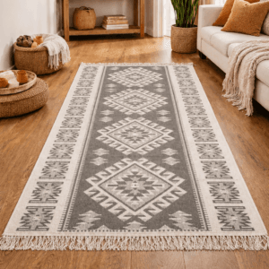 Covor traditional, cu doua fete, dimensiunea 80x200cm, gri si alb, model ROMB