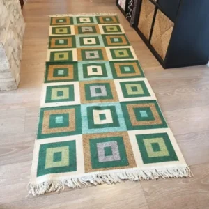 Covor traditional, tesut, iuta,cu doua fete, dimensiunea 80x200cm verde si crem, model Geometric - imagine 6