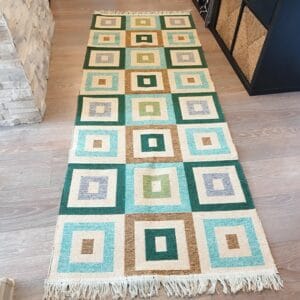 Alternative view of Covor traditional, tesut, iuta,cu doua fete, dimensiunea 80x200cm verde si crem, model Geometric