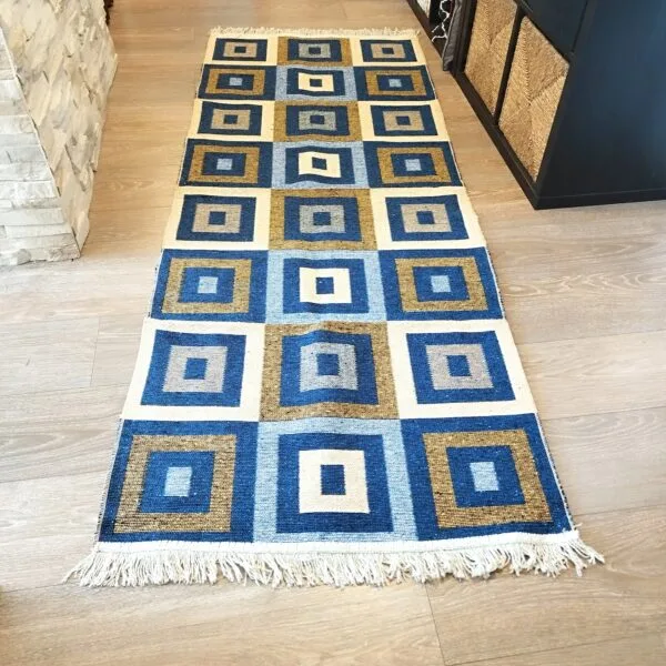 Covor traditional, tesut, iuta,cu doua fete, dimensiunea 80x200cm Albastru si crem, model Geometric - imagine 5