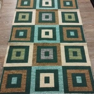 Covor traditional, tesut, iuta,cu doua fete, dimensiunea 80x200cm verde si crem, model Geometric - imagine 3