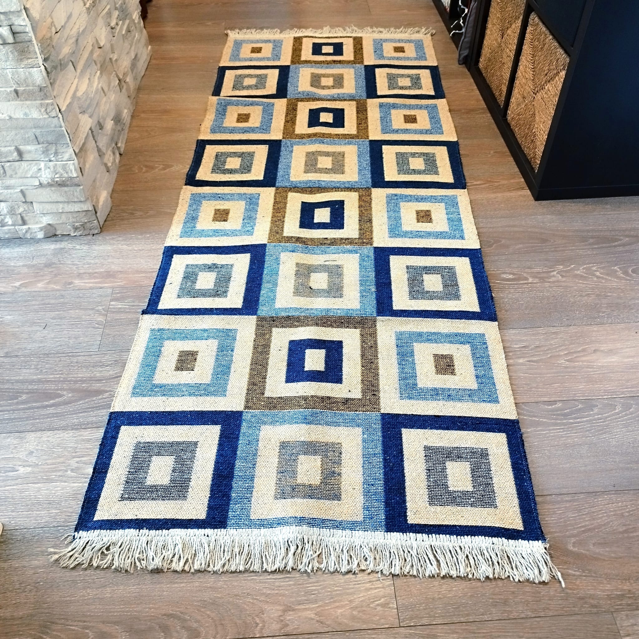 Covor traditional, tesut, iuta,cu doua fete, dimensiunea 80x200cm Albastru si crem, model Geometric - imagine 3
