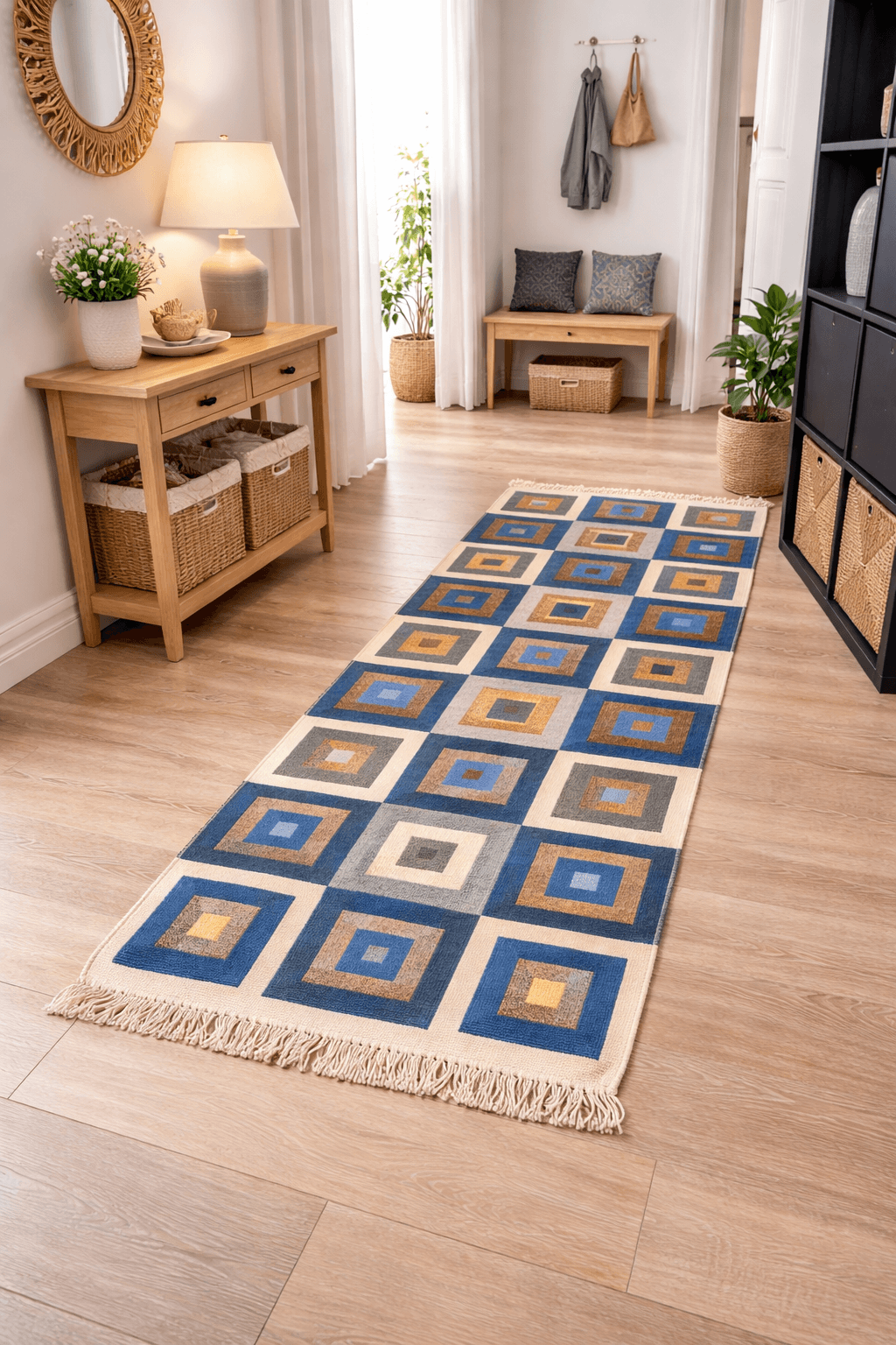 Covor traditional, tesut, iuta,cu doua fete, dimensiunea 80x200cm Albastru si crem, model Geometric
