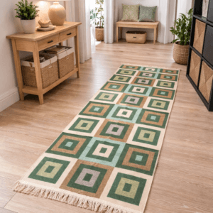 Covor traditional, tesut, iuta,cu doua fete, dimensiunea 80x200cm verde si crem, model Geometric