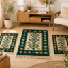 1+2 Covoare traditionale iuta- 1 bucata 80x200cm , 2 bucati 60x90cm, verde si crem, model ROMB