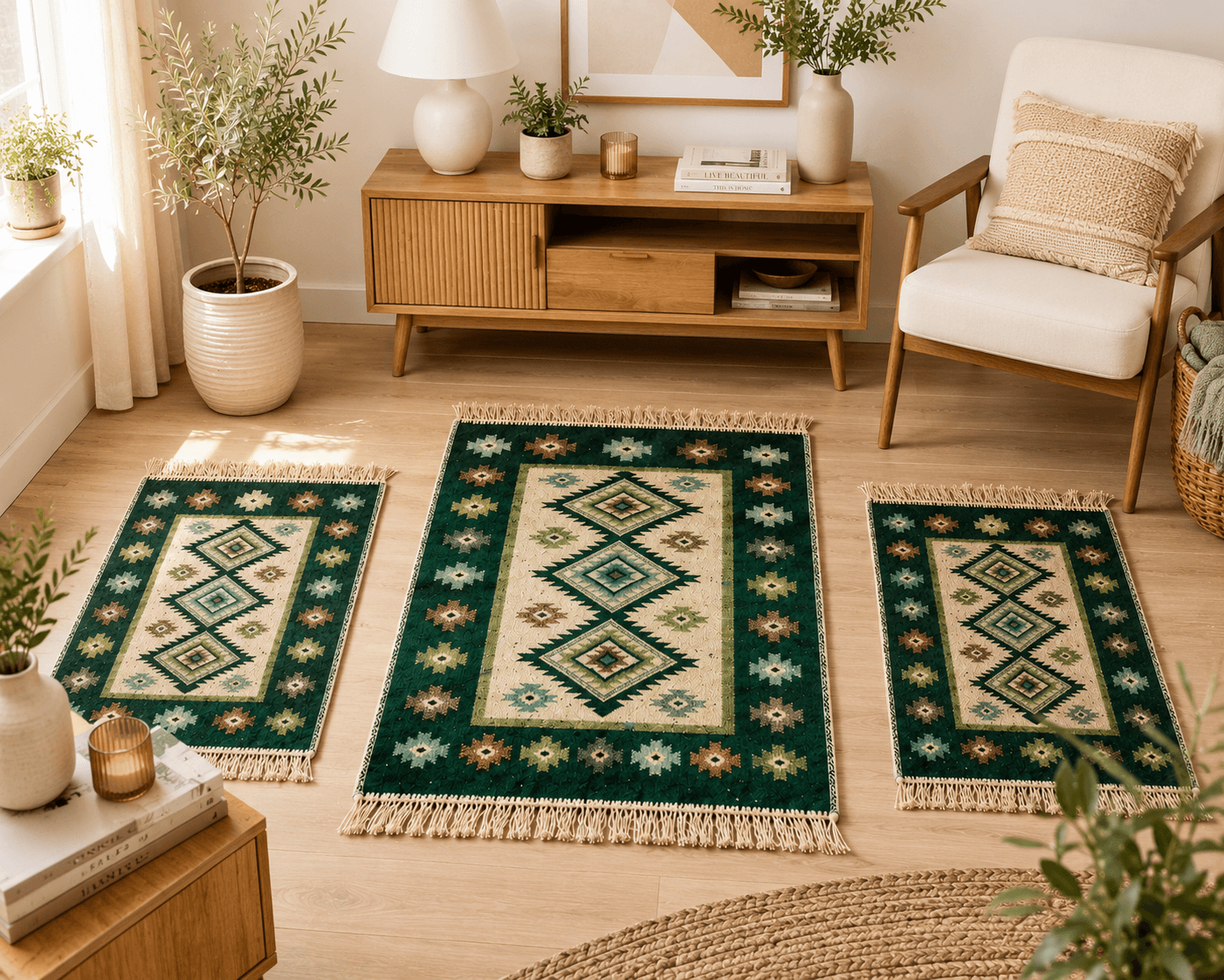 1+2 Covoare traditionale iuta- 1 bucata 80x200cm , 2 bucati 60x90cm, verde si crem, model ROMB