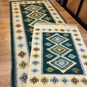 Alternative view of 1+1 set covoare traditionale, tesute, bumbac, cu doua fete, 120x180cm+60x90cm verde si crem, model Romb