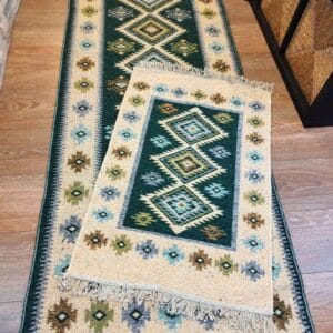 1+1 set covoare traditionale, tesute, bumbac, cu doua fete, 120x180cm+60x90cm verde si crem, model Romb