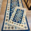 1+1 set covoare traditionale, tesute, bumbac, cu doua fete, 80x200cm+50x80cm albastru si crem, model Romb