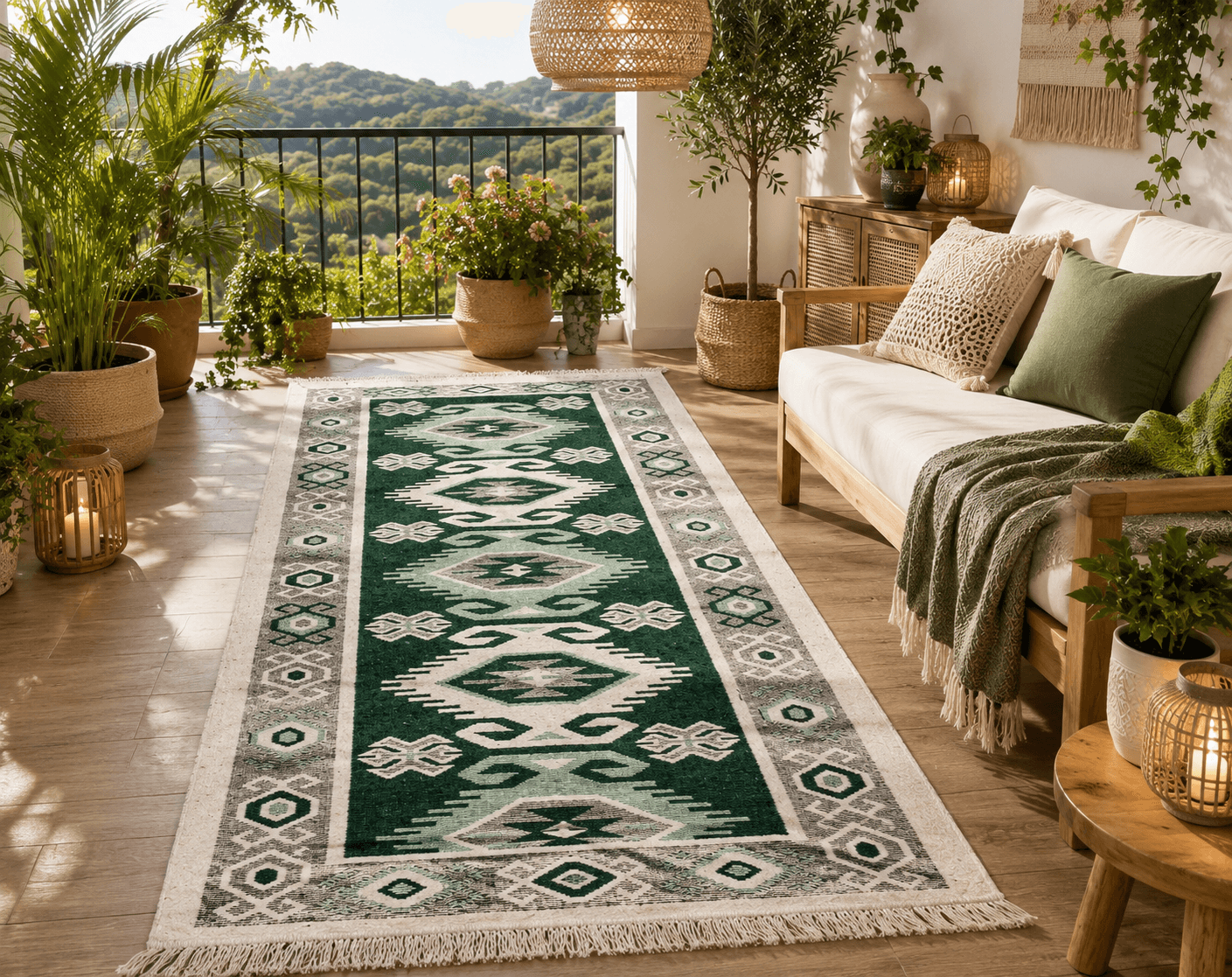 Covor traditional, dimensiunea 120x180cm, VERDE si crem, model Hora