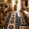 1+1 Covoare traditionale, dimensiunea 60x120cm+ 80x300cm, albastru si crem, model ROMB