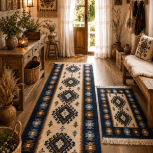 1+1 Covoare traditionale, dimensiunea 60x120cm+ 80x300cm, albastru si crem, model ROMB