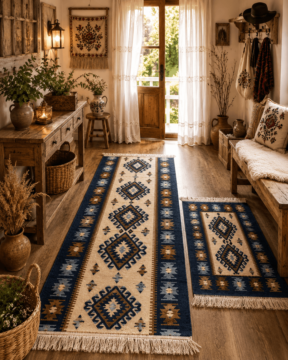 1+1 Covoare traditionale, dimensiunea 60x120cm+ 80x300cm, albastru si crem, model ROMB