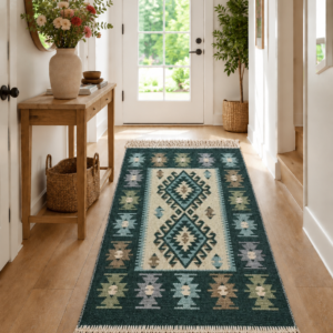 Covor traditional, dimensiunea 80x125cm, verde si crem, model ROMB