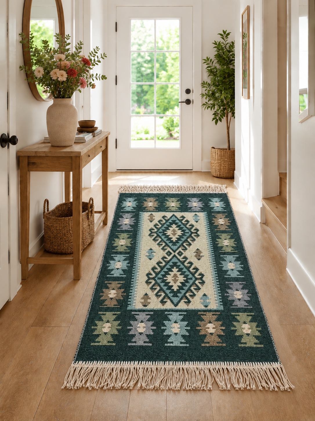 Covor traditional, dimensiunea 80x125cm, verde si crem, model ROMB