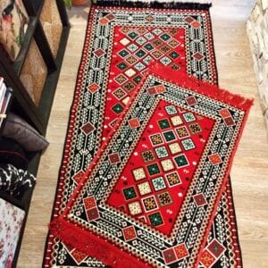 Covor tesut, dimensiunea 80x150cm+60x90cm, rosu, Velur Geometric 3