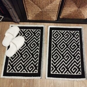 1+1 Set Covoare tesute din bumbac, dimensiunea 40x60cm, negru si alb, cod CB06