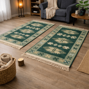 1+1 Covoare traditionale, dimensiunea 60x90cm, Verde si crem, model Con de brad