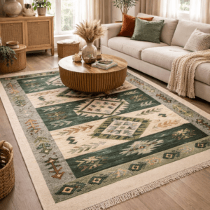 Covor traditional, dimensiunea 120x180cm, VERDE si crem, model Rustic