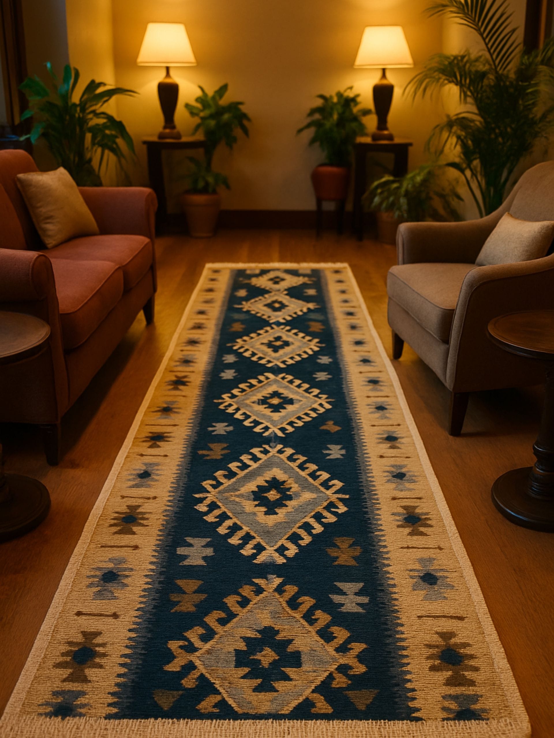 Covor traditional, dimensiunea 80x300cm, Albastru si crem, model ROMB