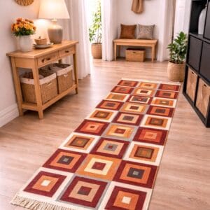 Covor traditional, tesut, iuta,cu doua fete, dimensiunea 80x150cm Rosu si crem, model Geometric 2