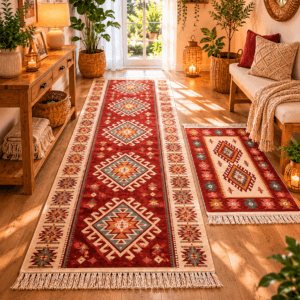 1+1 Covoare traditionale tesute,cu doua fete, dimensiunea 80x200+60X90cm rosu si crem, model ROMB