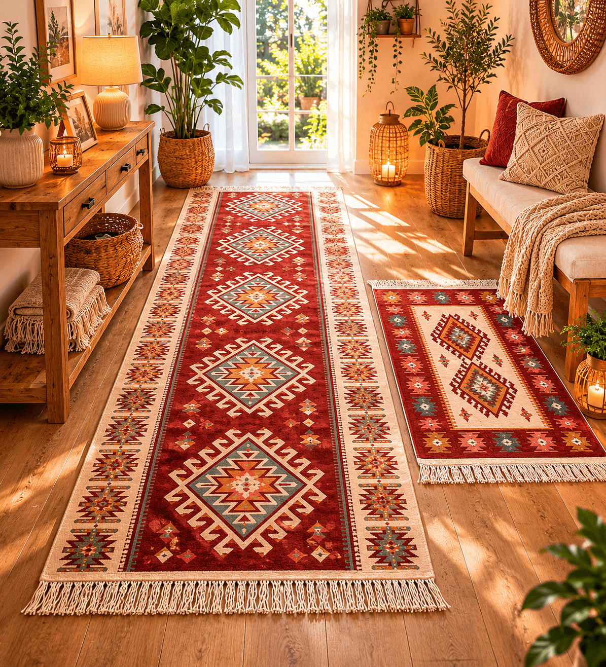 1+1 Covoare traditionale tesute,cu doua fete, dimensiunea 80x200+60X90cm rosu si crem, model ROMB