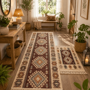 1+1 Covoare traditionale tesute,cu doua fete, dimensiunea 60x90cm + 80x150cm, maro si crem, model ROMB