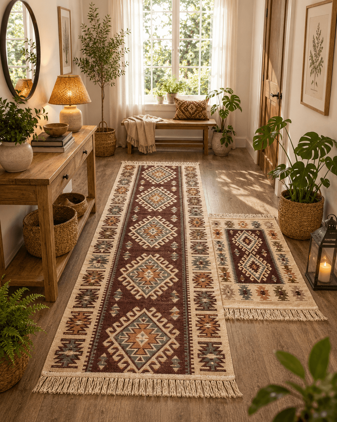 1+1 Covoare traditionale tesute,cu doua fete, dimensiunea 60x90cm + 80x150cm, maro si crem, model ROMB