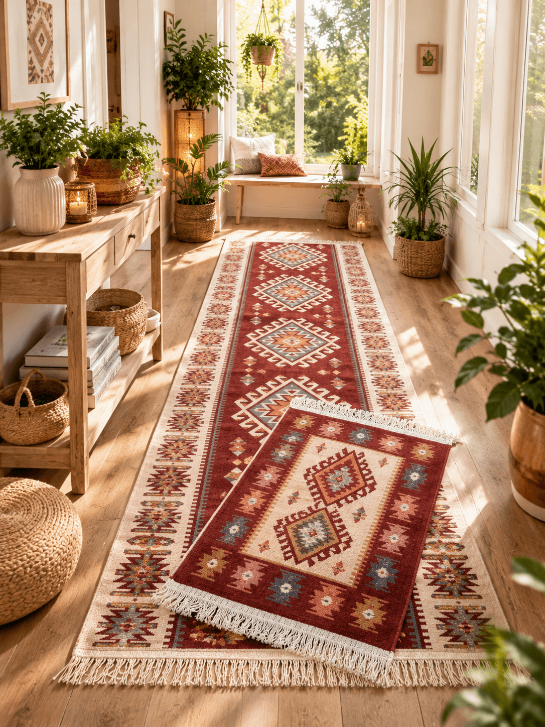 1+1 Covoare traditionale tesute,cu doua fete, dimensiunea 80x200+60X90cm rosu si crem, model ROMB - imagine 2