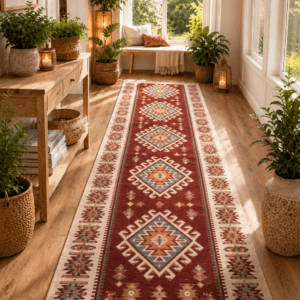 Covor traditional, tesut, iuta, cu doua fete, dimensiunea 80x200cm rosu si crem romb