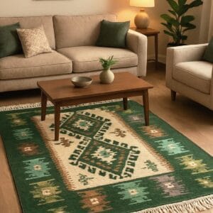 Covor traditional, dimensiunea 200x300cm, VERDE si crem, model ROMB