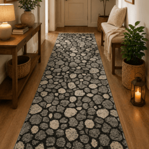 Covor traditional tesut, cu doua fete, dimensiunea 80x300cm, negru si gri, model Geometric 02
