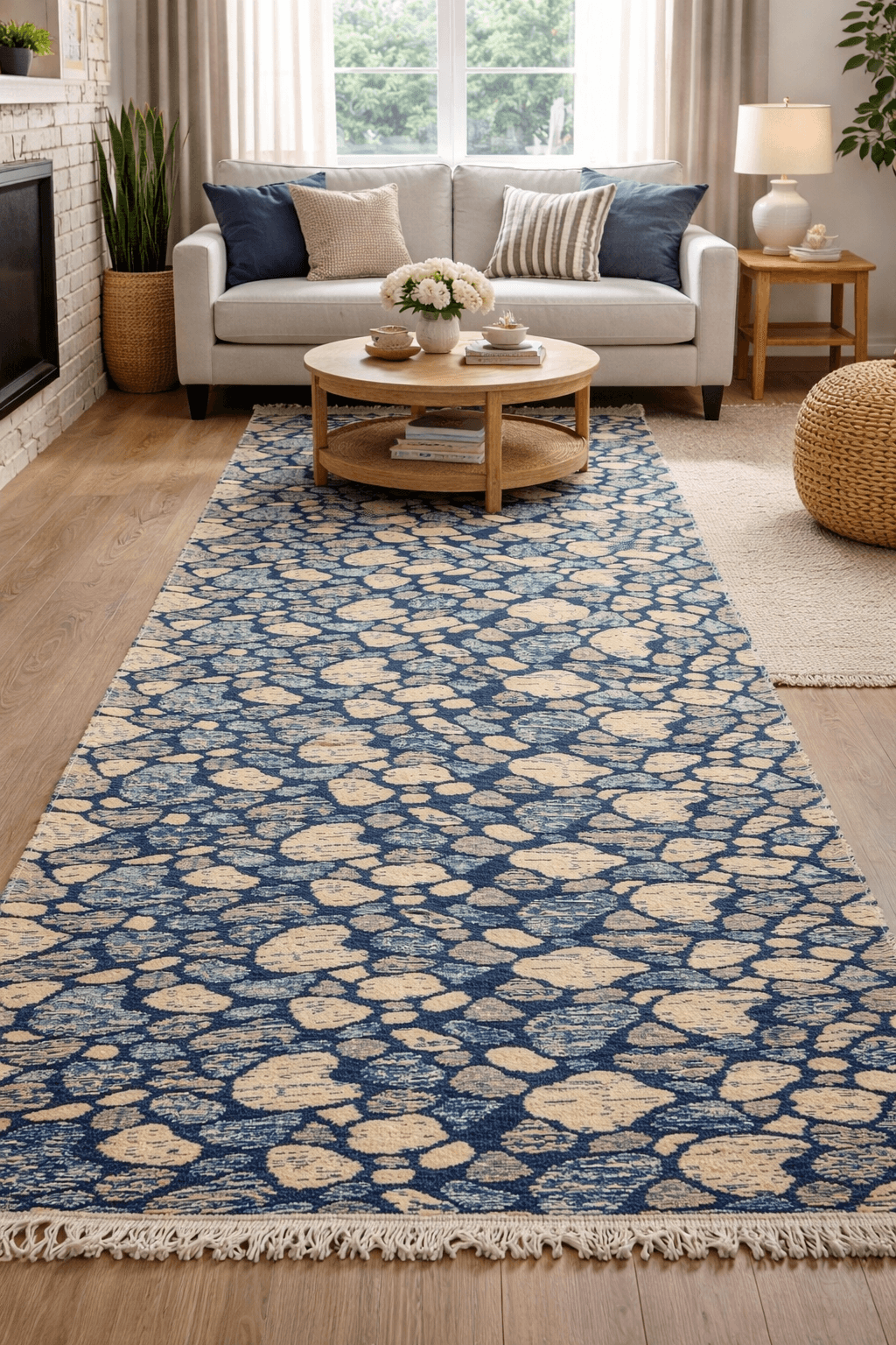Covor traditional, dimensiunea 80x300cm Albastru si crem, model Rustic 3