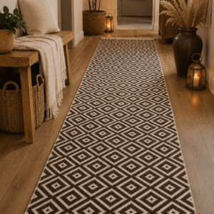 Covor traditional tesut, cu doua fete, dimensiunea 80x300cm, negru si gri, model Geometric