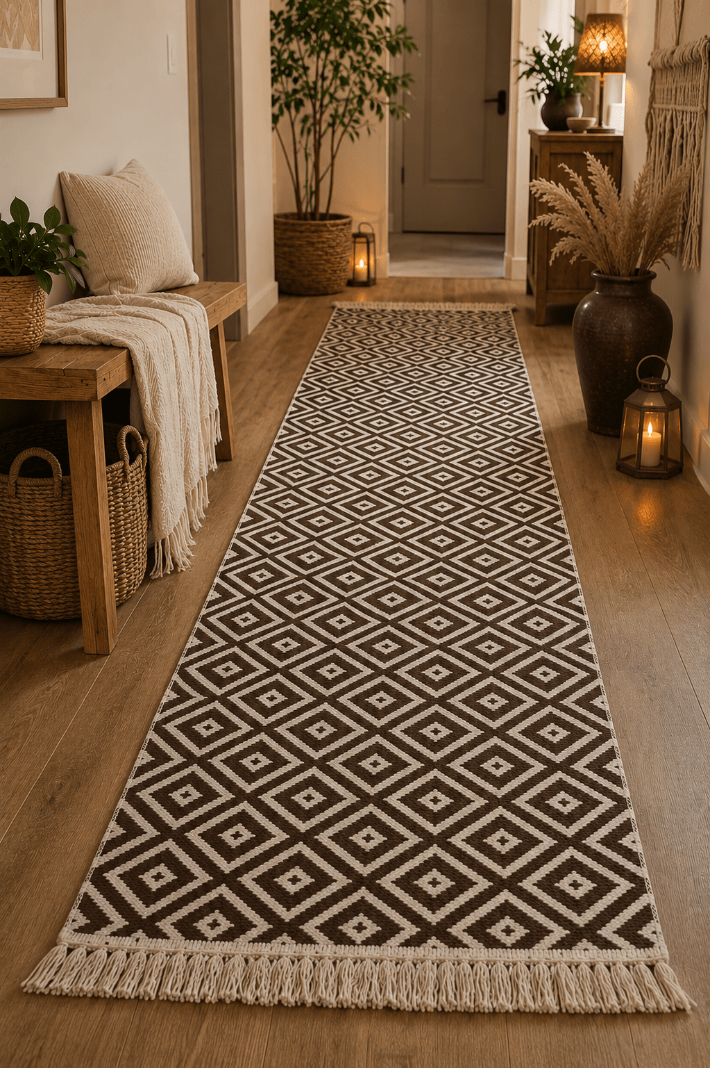 Covor traditional tesut, cu doua fete, dimensiunea 80x300cm, negru si gri, model Geometric