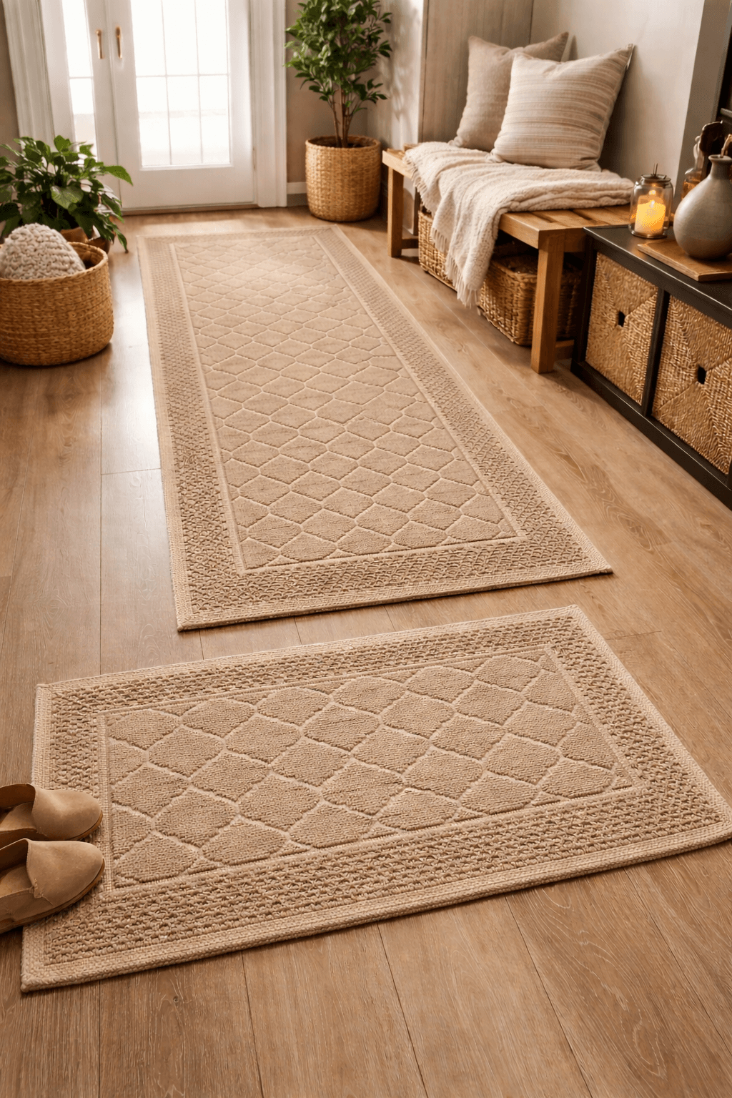1+1 Set Covoare tesute din bumbac, dimensiunea 1 bucata 55x85cm+1 bucata 55x120cm, Capucino, cod CB228
