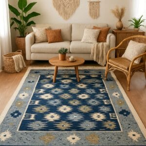 Covor traditional, dimensiunea 180x280cm, albastru si crem, model Rustic