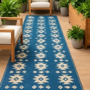 Covor pentru hol, tesut, cu doua fete, dimensiunea 60x400cm albastru si crem, model rustic