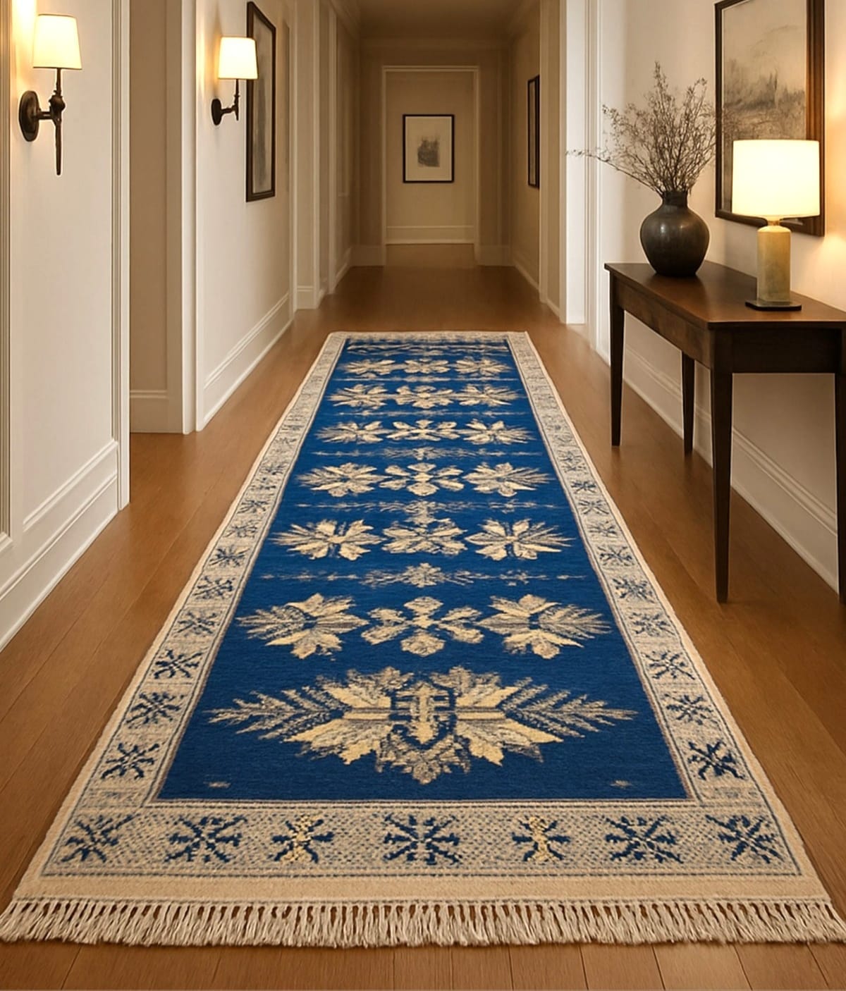 Covor traditional, tesut, cu doua fete, dimensiunea 100x200cm albastru si crem, model Con de brad