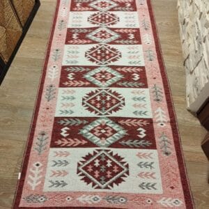 Covor traditional, dimensiunea 80x200cm rosu si alb 02
