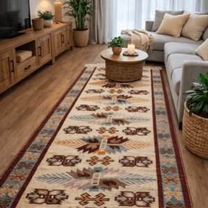 Covor traditional, tesut, cu doua fete, dimensiunea 100x200cm rosu si crem, model Con de brad - imagine 2