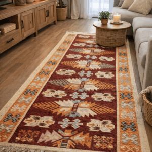Covor traditional, tesut, cu doua fete, dimensiunea 100x200cm rosu si crem, model Con de brad