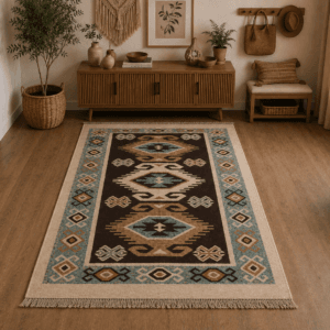 Covor traditional, dimensiunea 80x150cm maro si crem model Hora