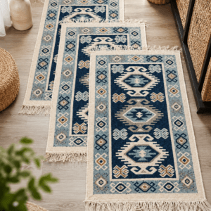 Set 3 Covoare traditionale, dimensiunea 60x90cm, albastru si crem, Hora